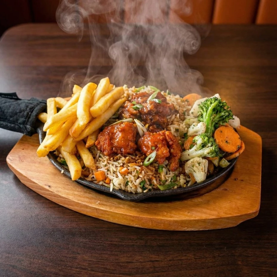 Chicken Paneer Sizzler sizzling platter at Vivaan's Yummies Calgary NE